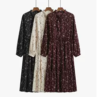 Демисезонное платье, приталенный ретро корсет, черная длинная юбка, в цветочек, длинный рукав, 2020, французский ретро стиль