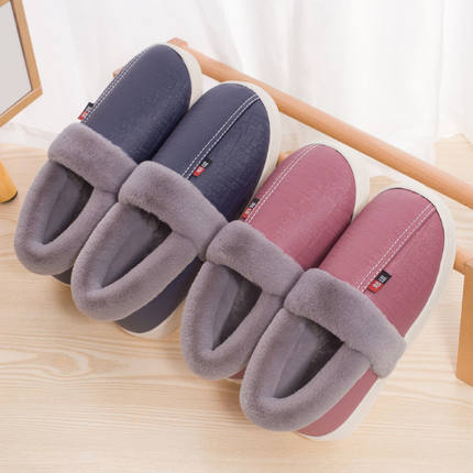 新款棉拖鞋女冬加绒情侣防水pu皮简约家居