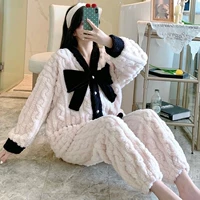 Коралловая бархатная зимняя фланелевая демисезонная пижама, милый удерживающий тепло комплект для школьников, увеличенная толщина, в корейском стиле, большой размер