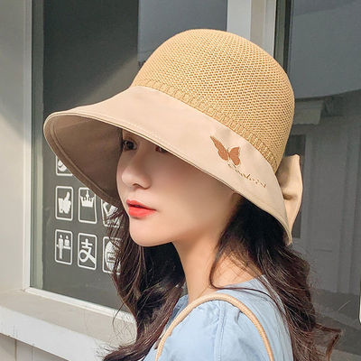 帽子女新款春夏镂空防晒帽蝴蝶结度假遮阳帽透气女生沙滩宽檐草帽