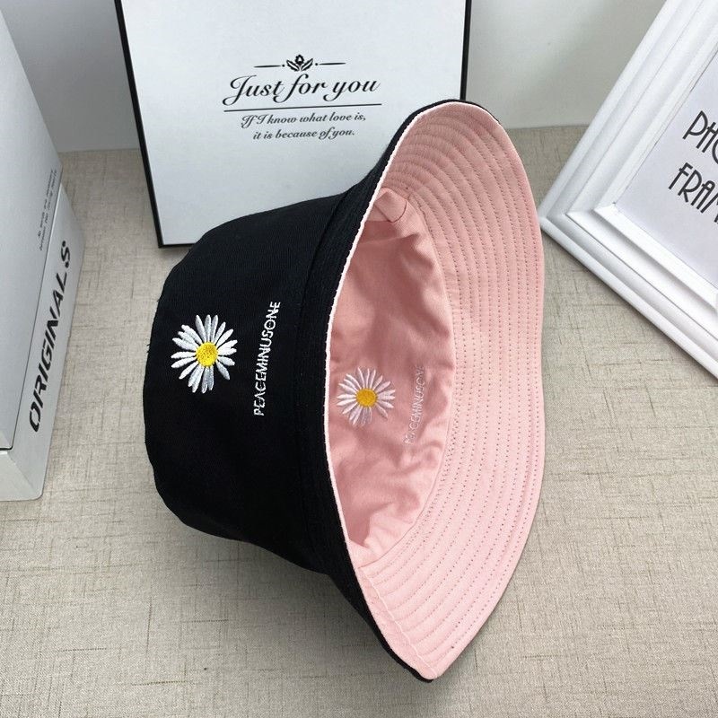 Double Sided (Daisy Black Pink) - D76Double sided wear Hat female Women's hat two-sided Embroidery Versatile Basin cap Fisherman hat men and women lovely student Korean version