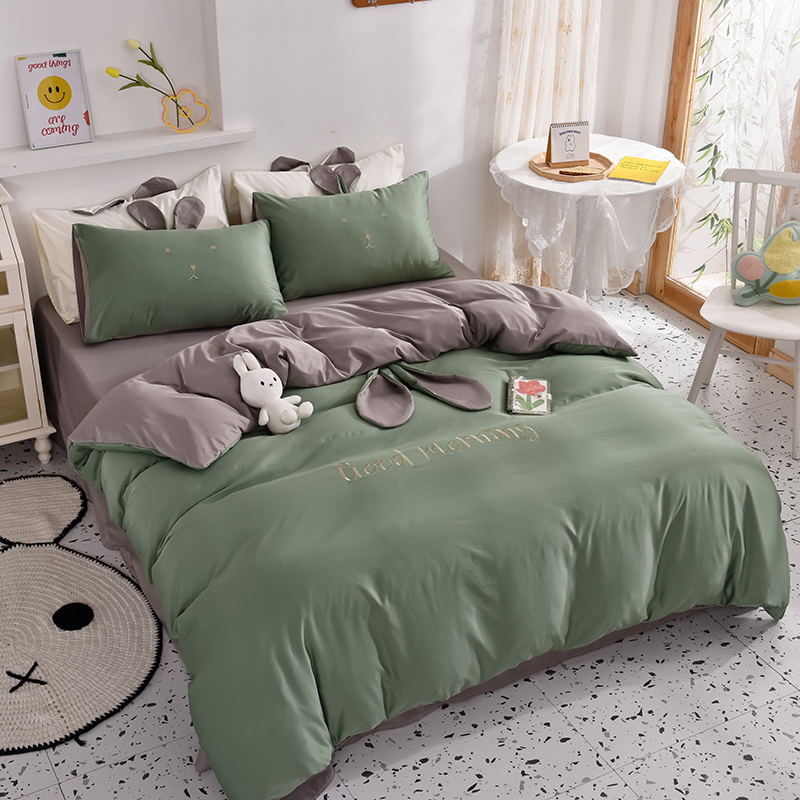 Style 10real silk Ice smooth Solid color Two color Rabbit ears summer quilt Sleep naked Princess style Sheet and fitted sheet piece cover pillow case Four piece suit