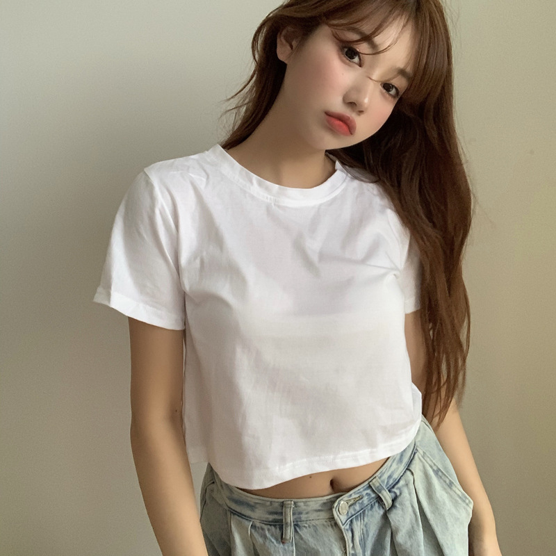 Whitesummer Korean version have cash less than that is registered in the accounts Exposed navel Self cultivation T-shirt 2021 new pattern Women's wear easy Short sleeve Solid color Simplicity Built in jacket