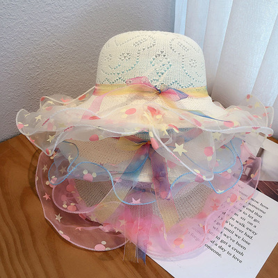 儿童帽子女夏防晒公主沙滩帽出游遮阳帽女童草帽太阳帽宝宝渔夫帽