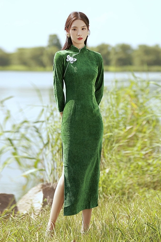 Зеленое ципао, легкий элитный ретро лонгслив, 2023, премиум класс, светлый стиль, китайский стиль, осеннее, яркий броский стиль