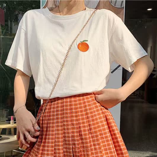 Orange Topsummer new pattern easy Versatile student Short sleeve T-shirt female High waist Half body Pleated skirt Two piece set Casual skirt suit