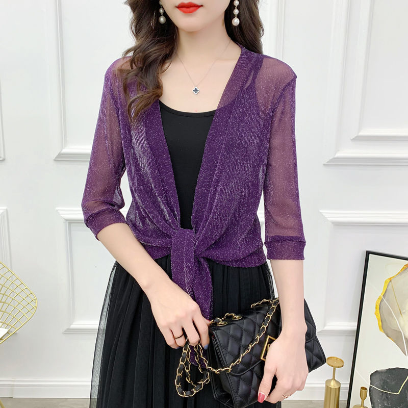 Silver Purplesummer Shawl loose coat female Cardigan Netting have cash less than that is registered in the accounts Outside Big size Lace waistcoat Foreign style Sunscreen female Ice silk