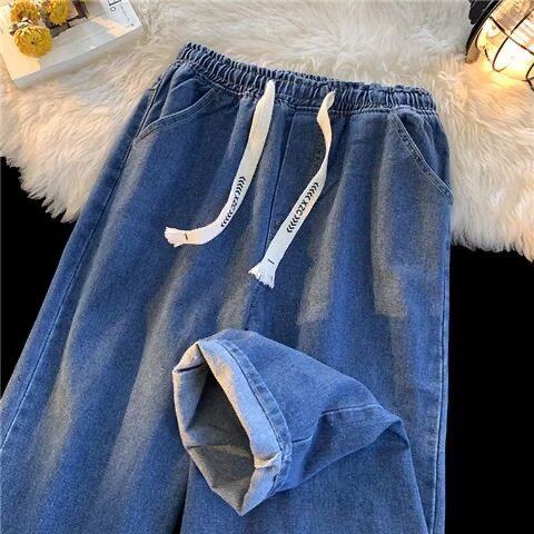 American retro drawstring jeans for men's autumn new style loose straight-leg wide-leg pants, trendy Hong Kong-style casual long pants details Picture