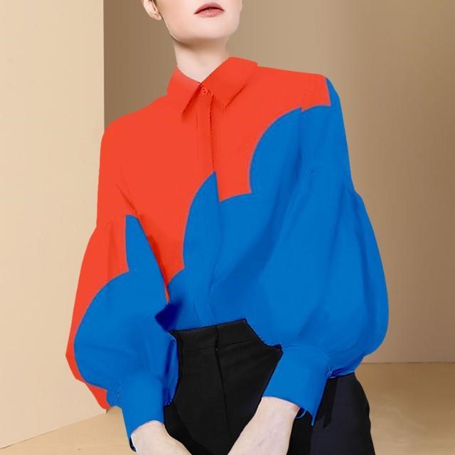 KM9685#新款法式衬衫女设计感小众红蓝撞色灯笼袖上衣
