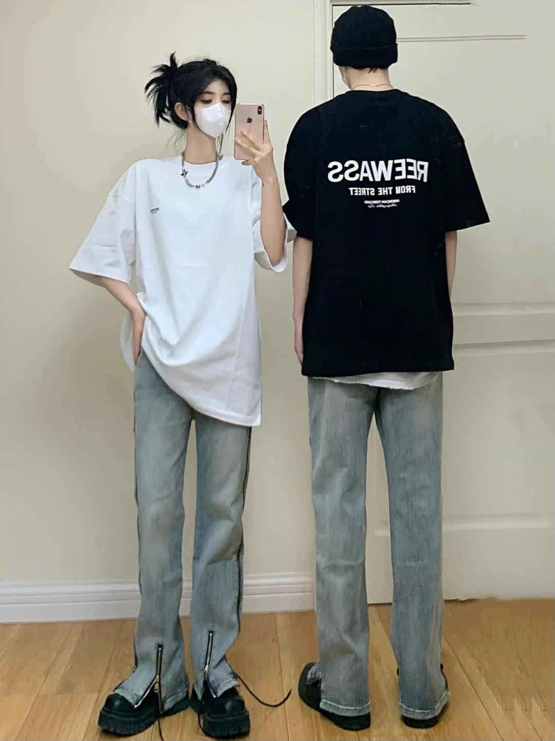 American vibe style couple pants, high street trendy brand design sense, niche washed distressed zipper split jeans for men Item Picture
