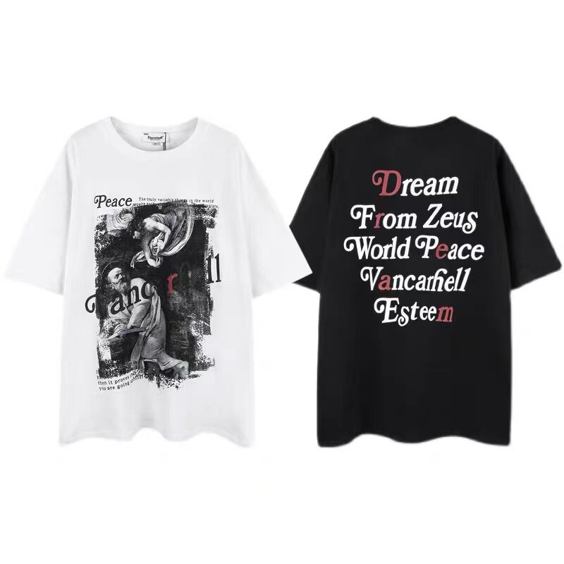 European and American original dark style retro figure print short-sleeved T-shirt men's fashion brand ins summer loose plus-size couple outfits Item Picture