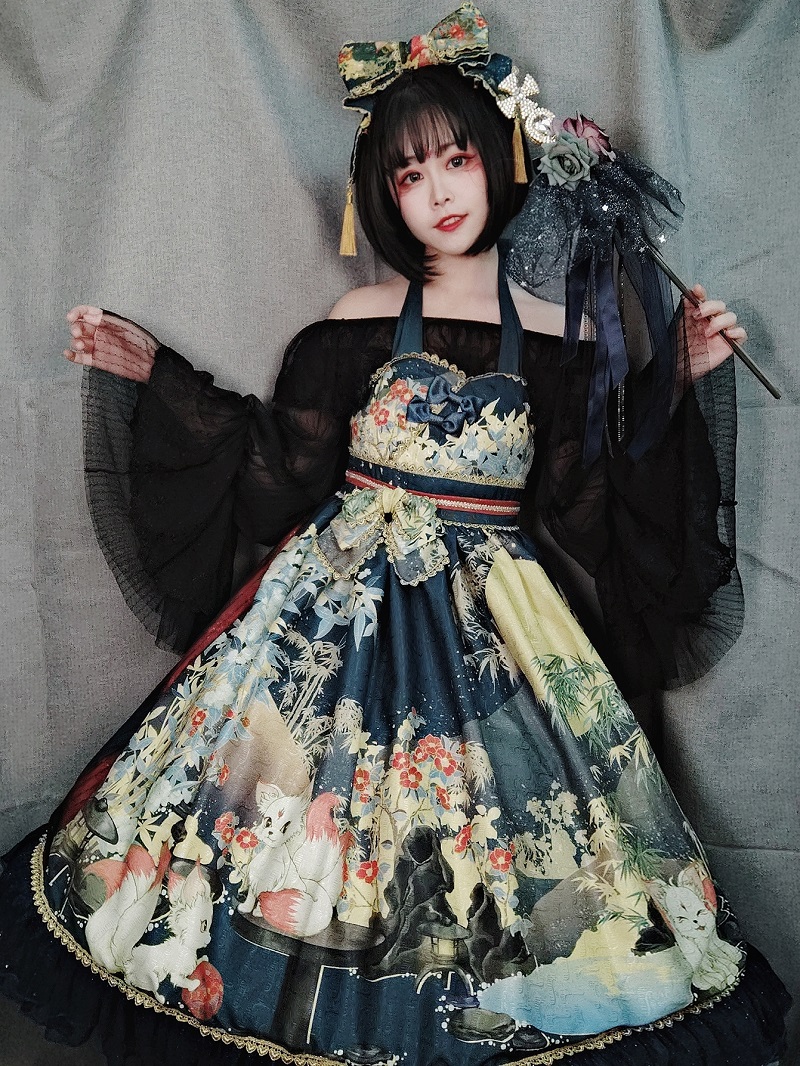 Cyan SkirtNan Sheng Pavilion Under the moon fox Hanging neck jsk goods in stock link