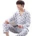 Bông lụa đồ ngủ nam mùa xuân và mùa thu cotton dài tay quần đồ ngủ set mùa hè phần mỏng thanh niên nhà dịch vụ nhân tạo cotton pijama lụa ngắn Bộ Pajama