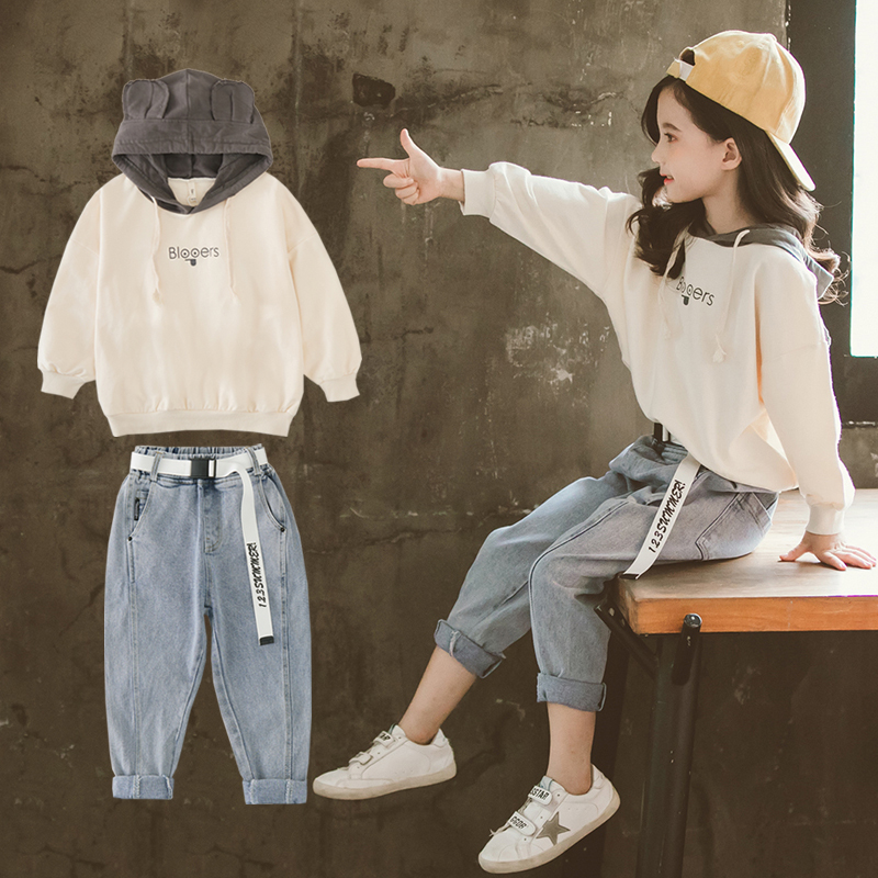 89.00元包邮2019童装女童春秋洋气套装新款韩版时髦儿童套头卫衣牛仔裤两件套