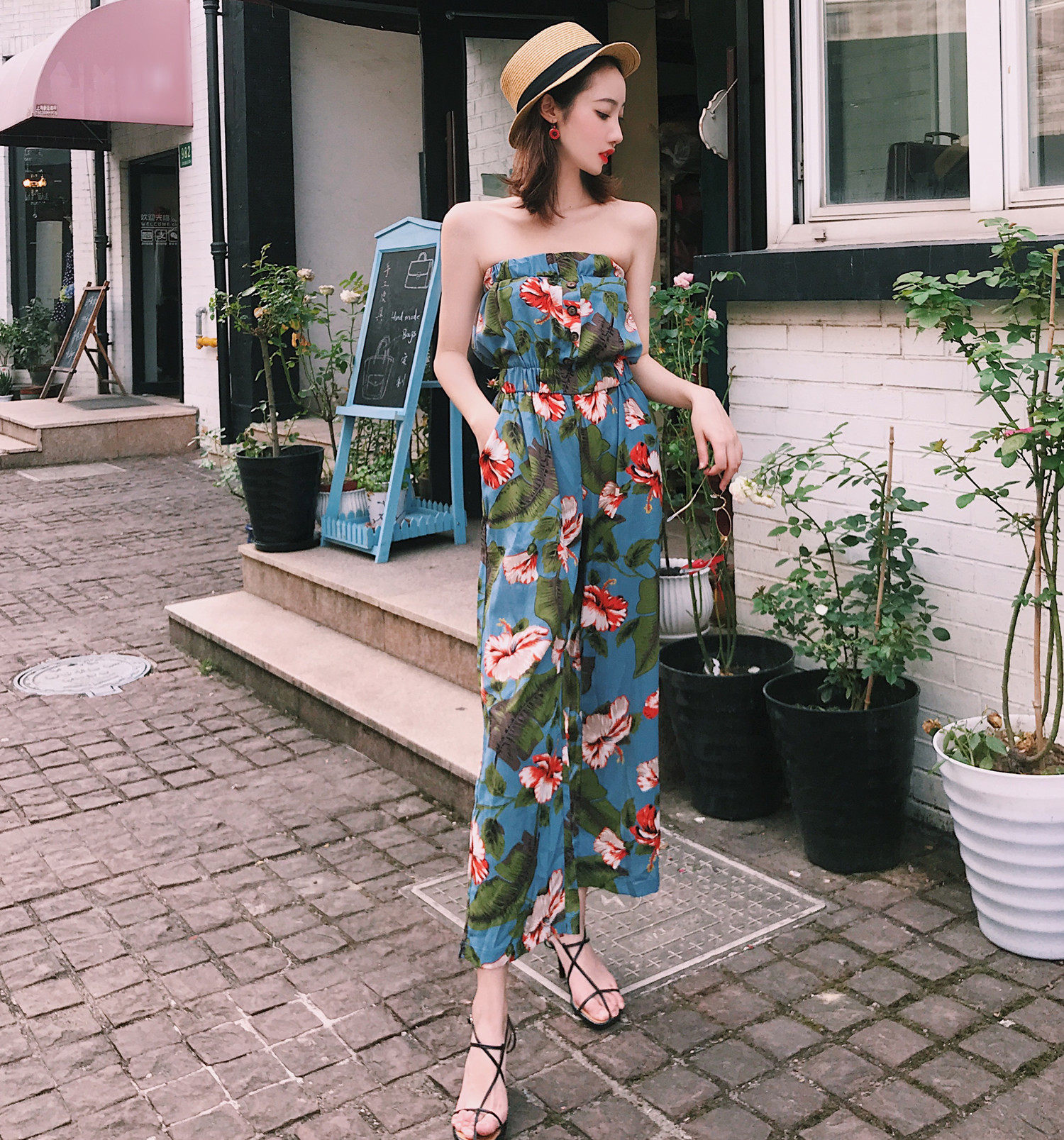 实拍 夏季新款性感度假风裹胸松紧腰高腰连体裤阔腿长裤 2036