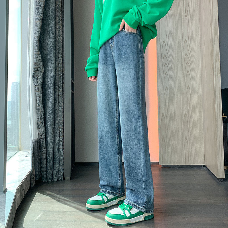 American retro solid color straight-leg jeans for women, high-waisted loose, bf versatile wide-leg casual long pants Specification image