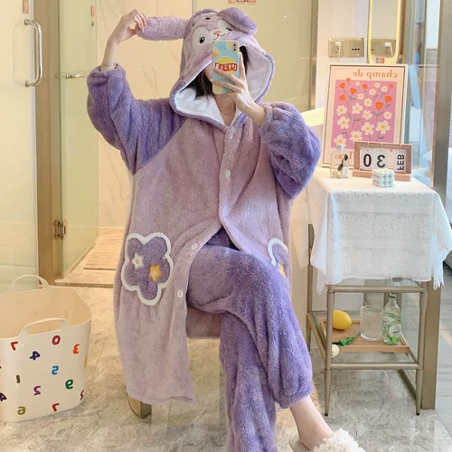 Зимняя коралловая бархатная пижама, флисовый зимний милый демисезонный банный халат, комплект, увеличенная толщина