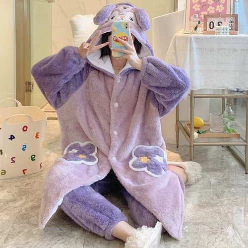 Зимняя коралловая бархатная пижама, флисовый зимний милый демисезонный банный халат, комплект, увеличенная толщина