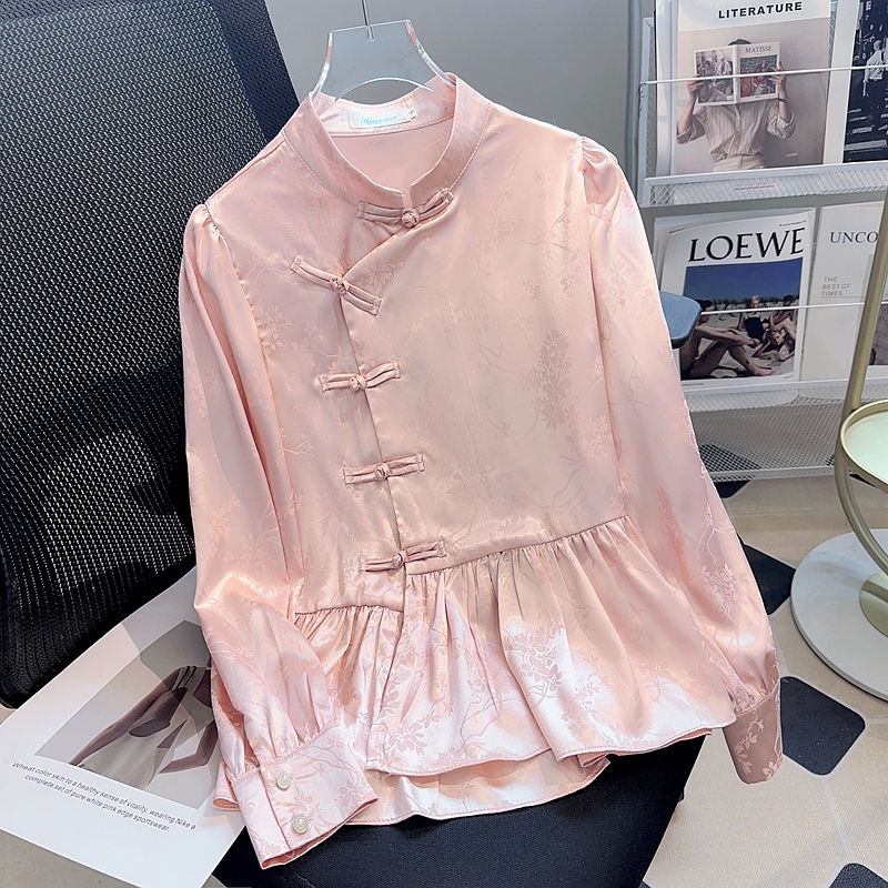 New Chinese Style National Style Button Top Women's High-end Chic Beautiful Small Shirt Belly Covering Tang Dress Loose Pink Shirt Autumn