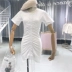 Hàn Quốc phiên bản của mùa hè v- cổ mỏng khí hoang dã một từ váy ngắn nữ 2018 mới ngắn tay cao eo đầm ren