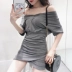 Tay áo cao eo mỏng một- dòng váy nữ 2018 mùa hè mới Hàn Quốc ngắn- tay màu rắn v- cổ hoang dã túi hip váy A-Line Váy