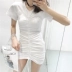 Hàn Quốc phiên bản của mùa hè v- cổ mỏng khí hoang dã một từ váy ngắn nữ 2018 mới ngắn tay cao eo đầm ren A-Line Váy