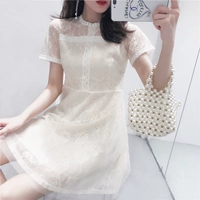 Tính khí hollow crochet ren váy nữ 2018 mùa hè mới Hàn Quốc phiên bản của trong suốt ngắn tay cao eo slim dress 	váy cắt eo	
