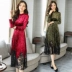 Plus size phụ nữ 2020 mùa thu mới ren xếp ly cổ điển váy nhung dài tay váy chữ a mỏng mảnh mai - A-Line Váy