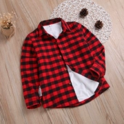 Cộng với quần áo nhung trẻ em áo sơ mi nam tay dài xuân hè mới 2018 áo cotton kẻ sọc đỏ phiên bản Hàn Quốc của thủy triều