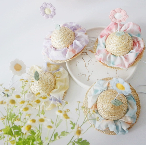 Мог -мороженое цвет цветочный соломенная шляпа Pet Photo Prop милые украшения Douyin Cat Hat