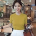 Mới của Hàn Quốc Slim Knit Ngắn Tay Nữ Mùa Hè Băng Lụa Đáy Áo Mỏng Vòng Cổ Màu Rắn T-Shirt của Phụ Nữ Cao Cổ Top Đan Cardigan