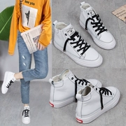Giày da cao cổ màu trắng nữ xuân 2018 phiên bản Hàn Quốc mới của giày đế bằng mùa thu hoang dã