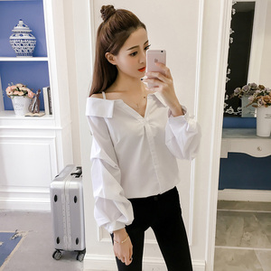 2018 mùa thu của phụ nữ Hàn Quốc phiên bản mới của từ vai chic dài tay áo sơ mi dây đeo áo sơ mi trắng nữ áo sơ mi lỏng lẻo