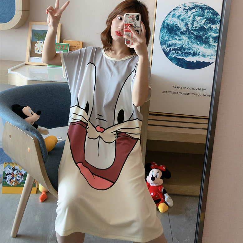 Grey Myna SkirtNightdress female summer Thin Short sleeve pure cotton Princess style Korean version easy Big size pregnant woman pajamas Spring and autumn days leisure wear