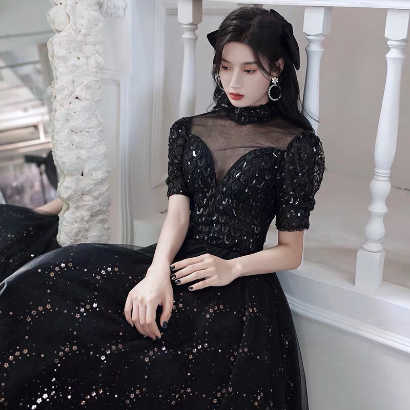 Evening dress, autumn long small princess costume, black skirt, 2021 collection, fitted Evening dress, autumn long small princess costume, black skirt, 2021 collection, fitted