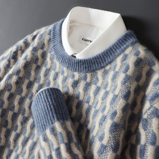 Свитер мужской 100%纯羊绒衫男秋冬新款圆领撞色加厚宽松休闲羊毛针织打底衫毛衣