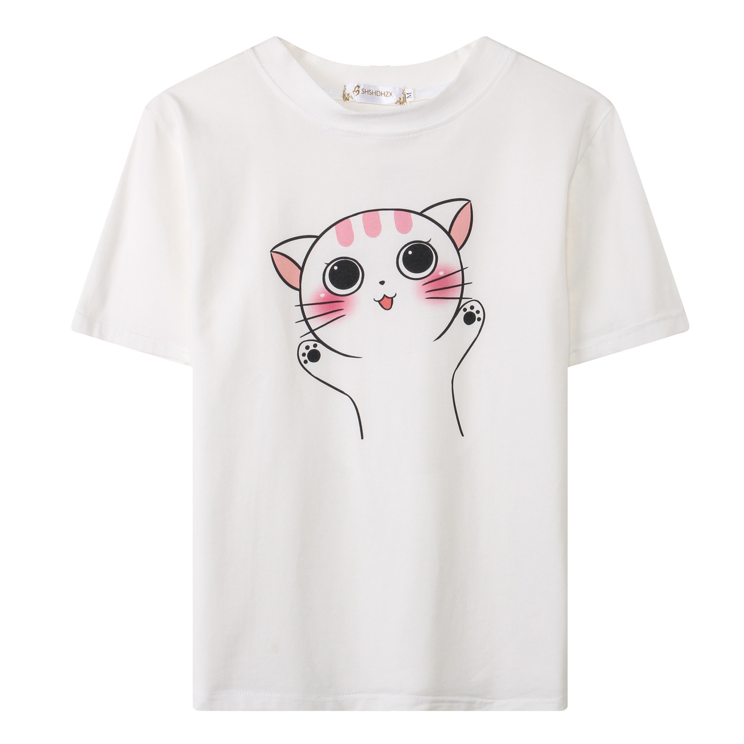 夏季小清新韩版女装百搭白色简约卡通乖乖猫印花短袖t恤9011