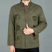 Trung niên và già Tang phù hợp với áo khoác nam dài tay áo khoác nam trang phục dân tộc cổ nam đứng cổ áo thêu hình rồng phong cách Trung Quốc