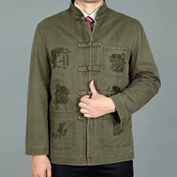 Trung niên và già Tang phù hợp với áo khoác nam dài tay áo khoác nam trang phục dân tộc cổ nam đứng cổ áo thêu hình rồng phong cách Trung Quốc đồ dân tộc