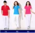 Jin Guan mùa hè áo thun thể thao tay ngắn nam và nữ trung niên thể dục nhịp điệu trang phục bóng mềm nhóm nhảy vuông - Thể thao sau