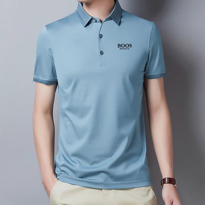 高档BOOS冰丝T恤男士短袖夏季男装宽松中青年纯色宽松翻领上衣