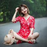 Красный чай улун Да Хун Пао, мини-юбка, юбка, шифоновое летнее платье, V-образный вырез, высокая талия, в цветочек, 2020