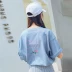 Mùa hè 2018 mới của Hàn Quốc phiên bản của sinh viên lỏng lẻo nhỏ tươi rộng tay ngắn tay màu xanh và trắng dài T-Shirt áo sơ mi nữ