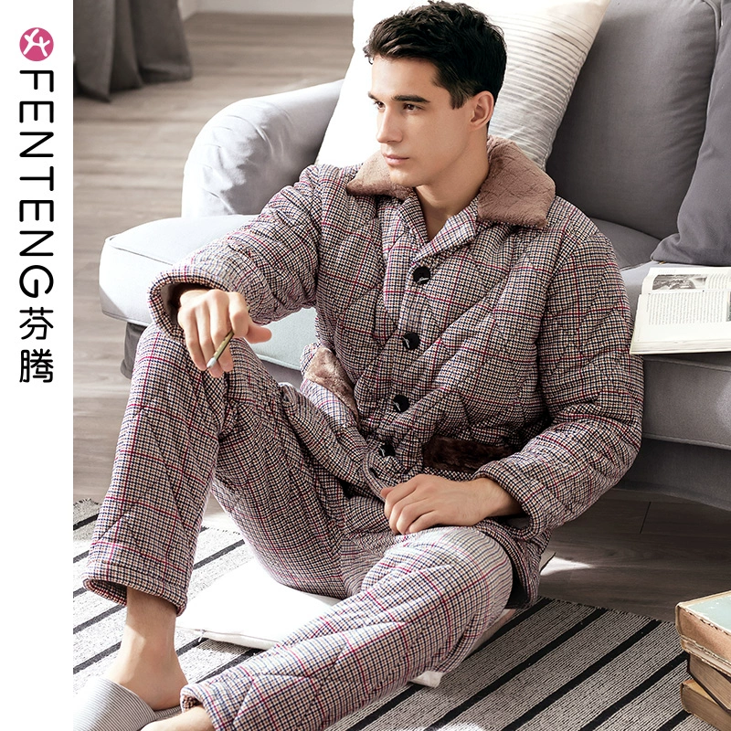 Fenteng mùa đông san hô nhung chần bông pyjama nam ba lớp dày dặn thanh niên kẻ sọc flannel cộng với kích thước bộ đồ phục vụ tại nhà - Giống cái