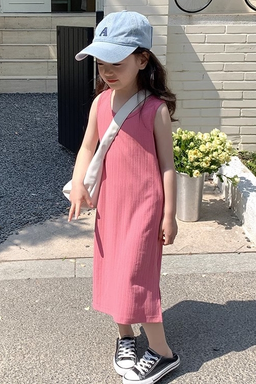 Girls' Solid Color Simple Sweet Vest Skirt Summer Korean Style Fashionable Slim-Fit Long Skirt Children's Stylish Dress