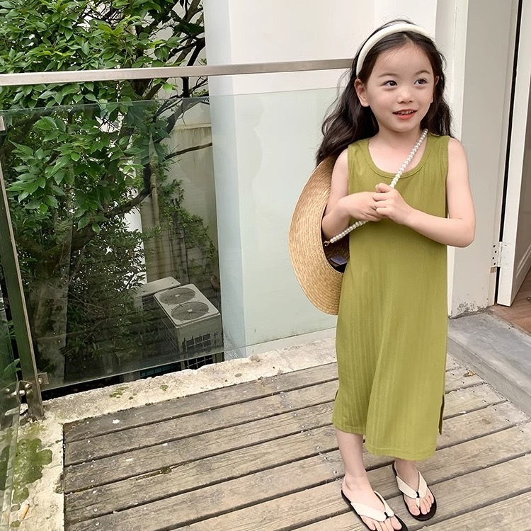 Girls' Solid Color Simple Sweet Vest Skirt Summer Korean Style Fashionable Slim-Fit Long Skirt Children's Stylish Dress