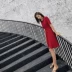◆ yang momo ◆ búp bê cổ áo đầm voan Hàn Quốc phiên bản của eo cao một từ màu đỏ polo cổ áo eo váy mùa hè đầm ngắn xòe A-Line Váy
