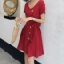 ◆ yang momo ◆ v- cổ đầm eo cao với màu đỏ xù tim máy thiết kế váy cảm giác một váy váy đầm xòe trung niên A-Line Váy