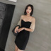 ◆ yang momo ◆ đầm ren Hàn Quốc cao eo ôm một từ váy đèn lồng tay áo màu đen khâu một bước váy váy xòe A-Line Váy