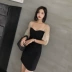 ◆ yang momo ◆ đầm ren Hàn Quốc cao eo ôm một từ váy đèn lồng tay áo màu đen khâu một bước váy A-Line Váy